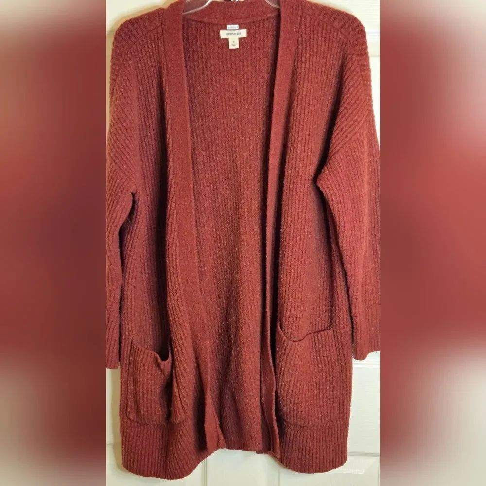 Goodthreads M BurntAmber Waffel Knit Pockets WOOL Blend Lslv Women Open Cardigan